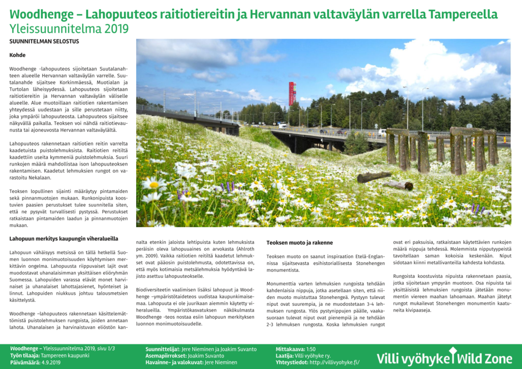 Woodhenge-lahopuuteoksen suunnitelma (pdf A3, 3 sivua), tekstiä sekä havainnekuva stonehengen malliin asetelluista lahopuista
